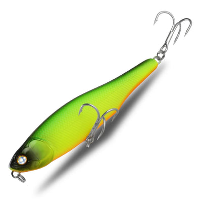 Surface walker pencil fishing lure, bright chartreuse green, with treble hooks