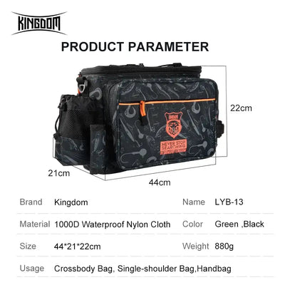 Black multifunction fishing tackle bag with front pockets and adjustable shoulder strap