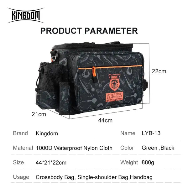 Black multifunction fishing tackle bag with front pockets and adjustable shoulder strap