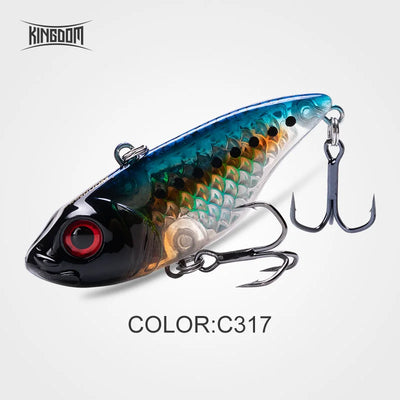 Fishing crankbait lure with blue and black head, iridescent scales, and two treble hooks
