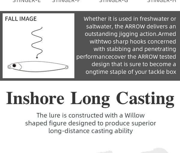 Inshore long-casting fishing lure illustration with hook and falling motion diagram
