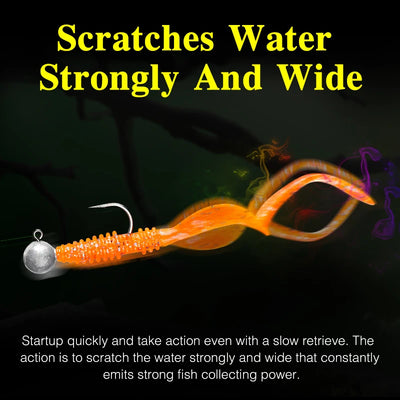 Orange soft plastic worm lure with metal hook and curled tail.