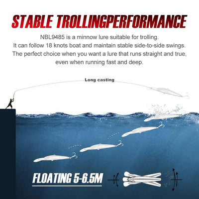 Floating trolling minnow lure with clear lip and treble hooks