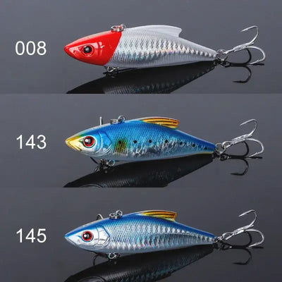 Three-piece sinking crankbait lure set with red-white, blue, and pale-blue fish colors
