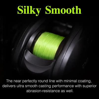 Green braided fishing line spool showing smooth, rounded line texture