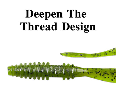 Green soft plastic worm lure with ribbed thread design and speckled finish.