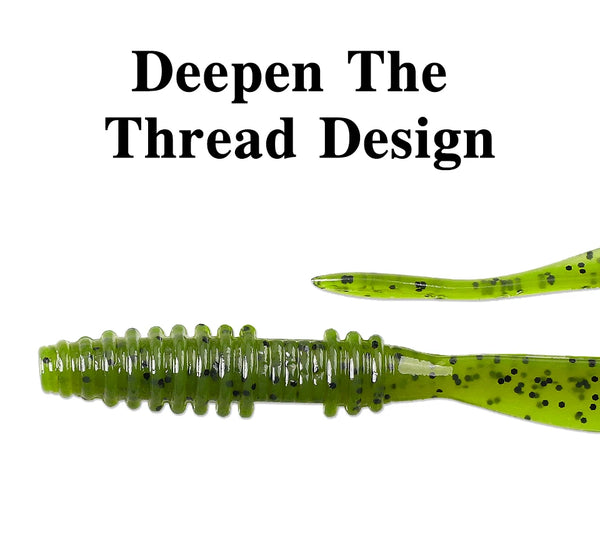 Green soft plastic worm lure with ribbed thread design and speckled finish.