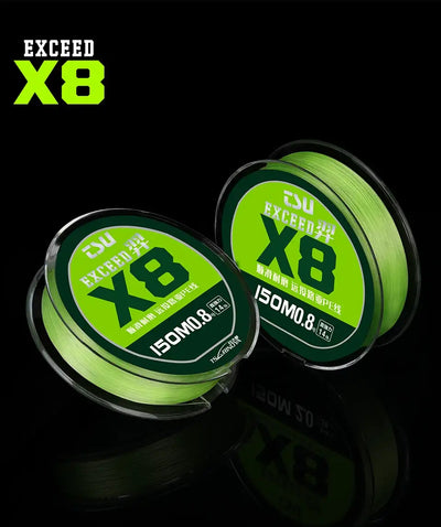 Two bright green PE braided fishing line spools with labels facing forward