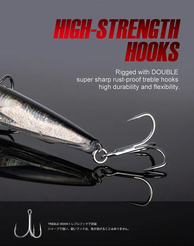 Silver-white trolling minnow lure with double super-sharp treble hooks