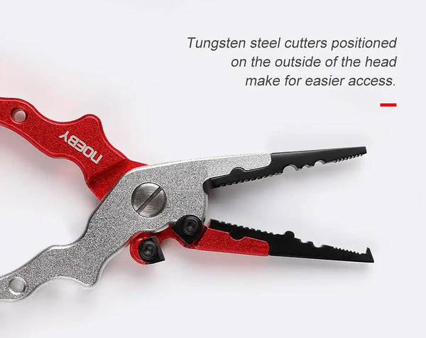 Red and silver tungsten steel cutter pliers with serrated cutting jaws