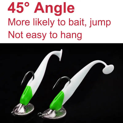 Tumbler-style jig hooks with green silicone skirts, angled curved hook design