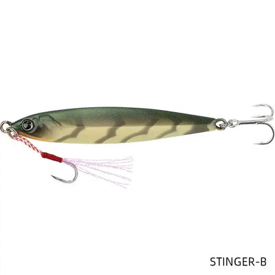 Metal fishing jig lure in olive green with camouflage pattern and white skirt, double hooks