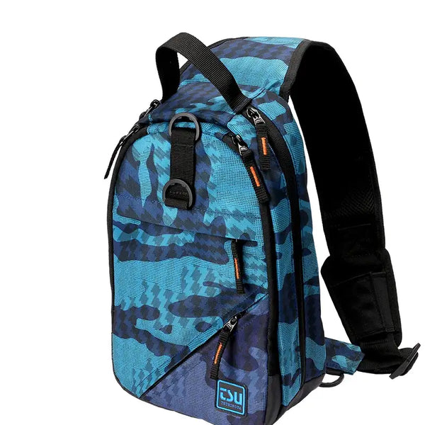 Blue camo water-resistant tackle bag with black shoulder strap, top loop, and front zipper pocket