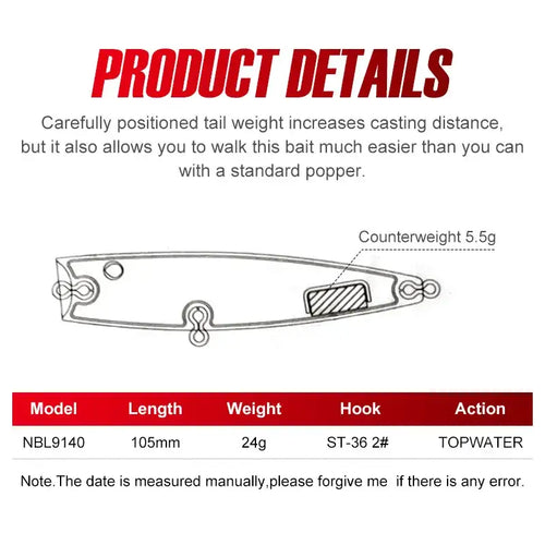Noeby 105mm 24g Topwater Popper Fishing Lures Wobblers Long Casting Artificial Hard Baits Saltwater Freshwater Fishing Lures -  - Cast N Go