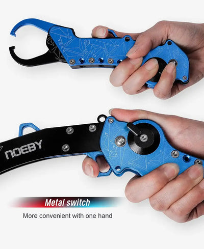 Hands using blue and black fish lip grip with folding control switch