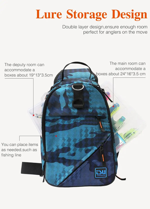 Blue camouflage double-layer lure storage bag with front accessory pocket