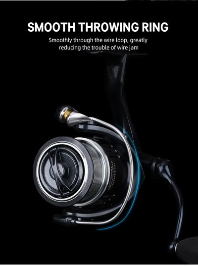 Spinning reel smooth throwing ring near line roller, close-up in black and silver