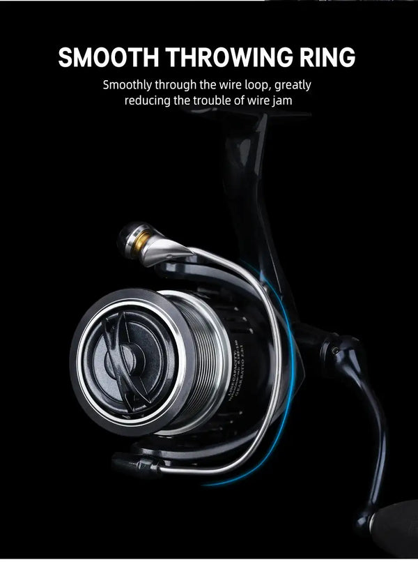 Spinning reel smooth throwing ring near line roller, close-up in black and silver