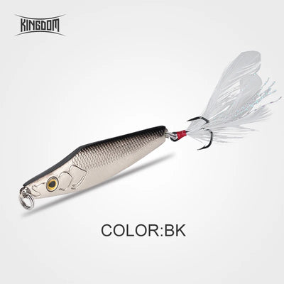 Metal jig fishing lure with gray/black body, yellow eye, feather skirt, treble hooks