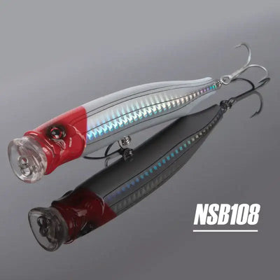 Noeby feed popper topwater lure, red and white body with blue stripe and treble hooks