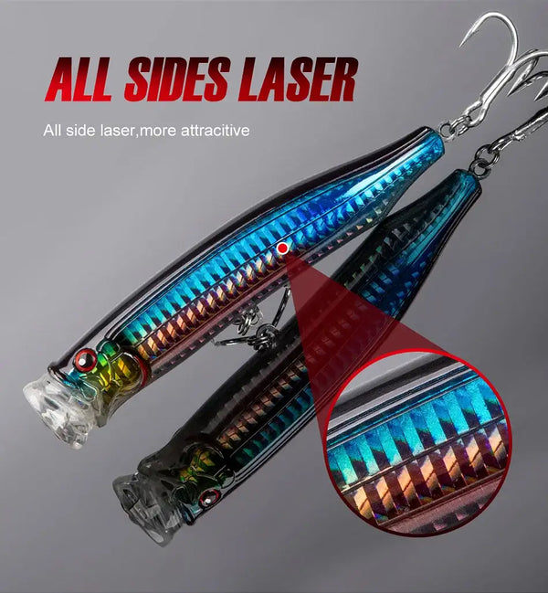 Two blue topwater lures with all-sides laser stripe pattern and clear front sections