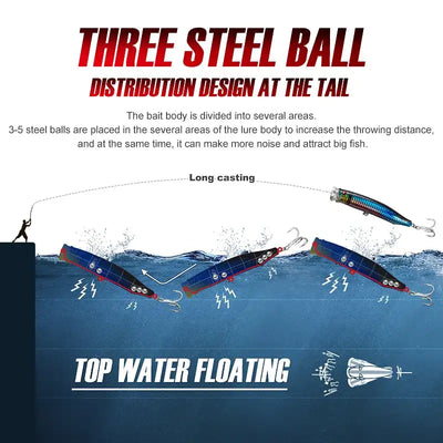 Topwater lure with steel-ball bait distribution design near the tail