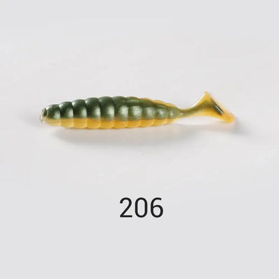 Artificial silicone ribbed grub swimbait, dark green top with yellow belly and tail fin
