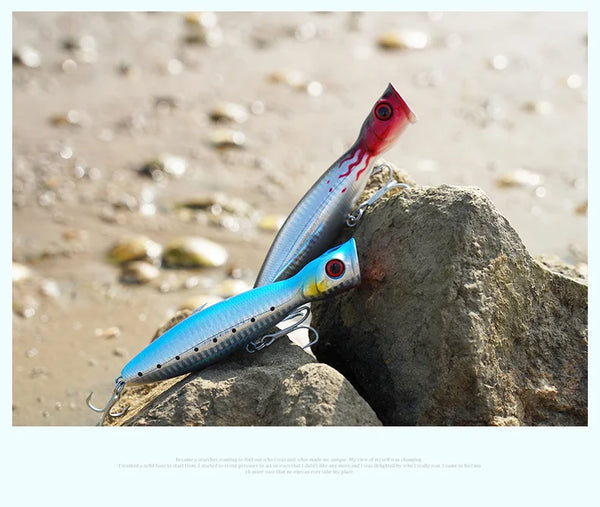 Floating popper fishing lure on rocks: blue and silver body with red mouth and treble hooks