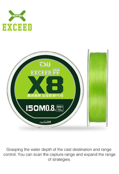 Bright green PE braided fishing line spool with matching green EXCEED box