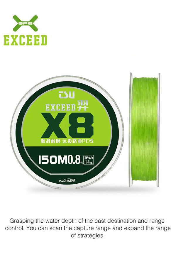 Bright green PE braided fishing line spool with matching green EXCEED box
