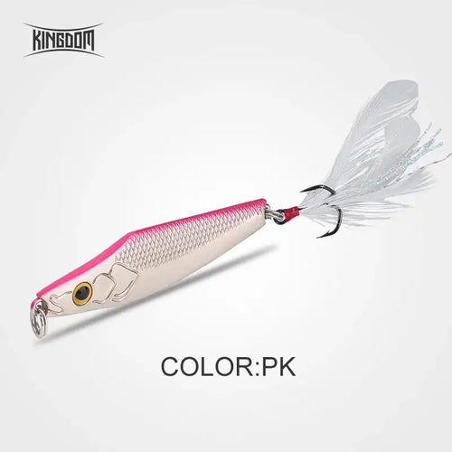 Metal jig lure in pink and silver with round gold eye, red accents, and white feather tail