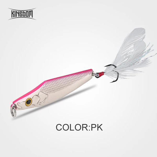 Metal jig lure in pink and silver with round gold eye, red accents, and white feather tail