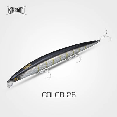 Kingdom Isca long-cast swimbait lure, gray-and-white body, two treble hooks
