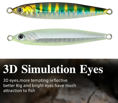 Yellow-green and pale silver stinger fishing jigs with 3D eyes and double hooks