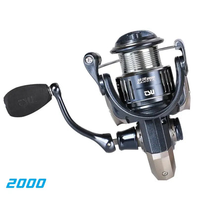 Black spinning reel with silver spool and '2000' size marking on body