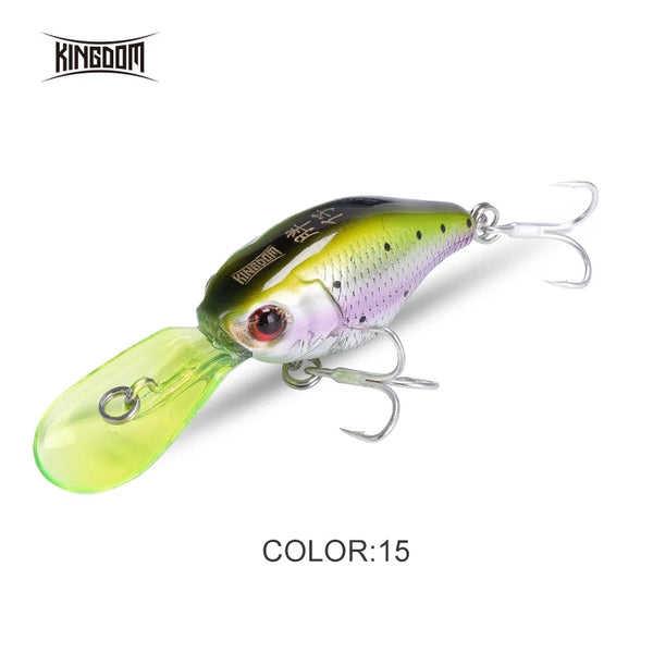 Hard crankbait minnow lure with olive-green top, chartreuse tail, red eye, two treble hooks