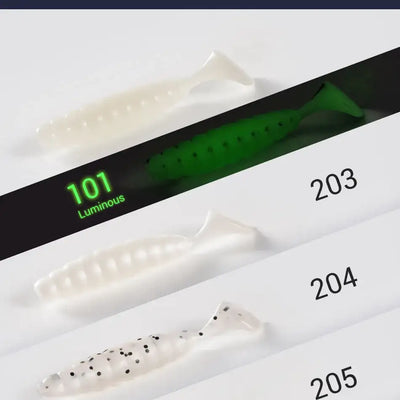 Ribbed silicone swimbait lure set showing luminous 101 and white 203–205 options