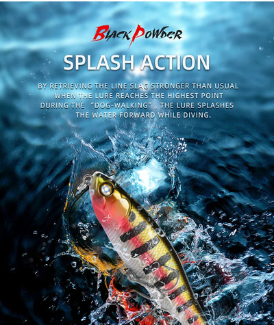 Topwater pencil lure with colorful body and diving splash action