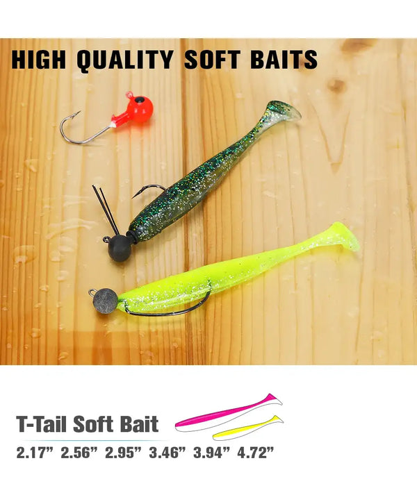T-tail soft bait worms with jig head: neon green and glittery green options