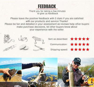 Feedback and shipping information card with star rating sections and contact details
