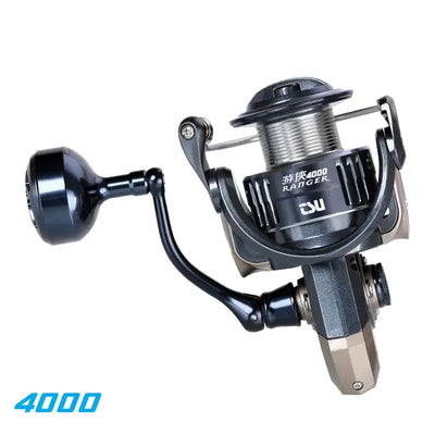 Spinning fishing reel, Ranger 4000, black and silver spool with crank handle