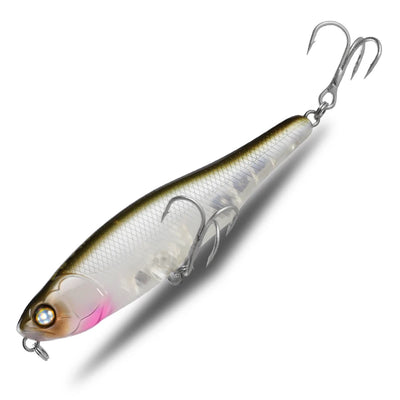 Surface fishing pencil lure with two treble hooks, white belly and dark olive back
