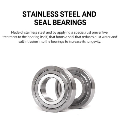 Spinning reel stainless steel and sealed bearing set, silver circular bearing rings.