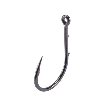 Black beak fishing hook with curved shank and eye, single hook