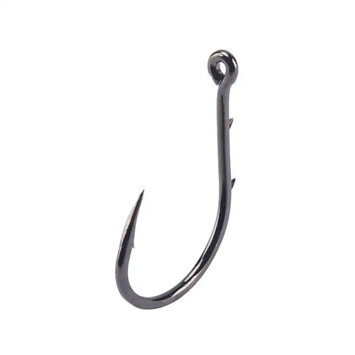 Black beak fishing hook with curved shank and eye, single hook