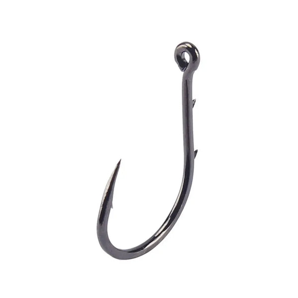 Black beak fishing hook with curved shank and eye, single hook