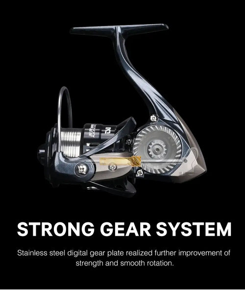 Black and silver spinning reel with long handle, side view on dark background