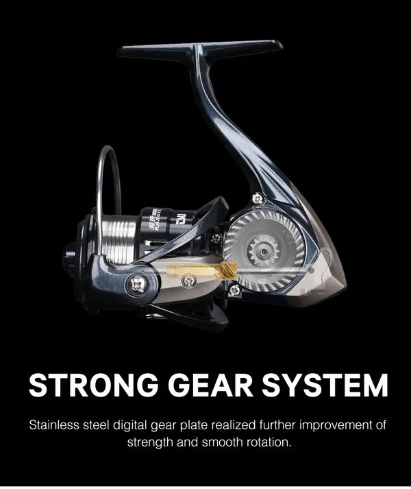 Black and silver spinning reel with long handle, side view on dark background