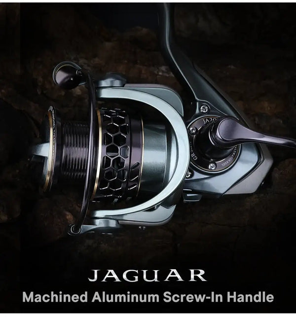Spinning reel on dark background, machined aluminum look and black handle knob