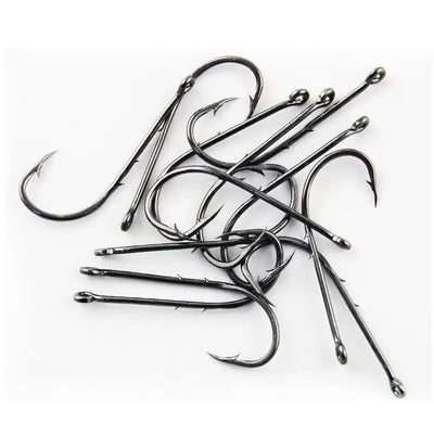 Assorted barbed offset bait fishing hooks, long shank, shiny steel